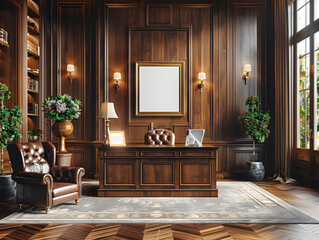 Mahogany Elegance: White Frame Mockup Accentuates Sophisticated Furnishings in Office