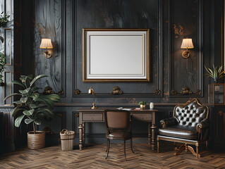 Ambient Illumination: White Frame Mockup Shines in Warm Lighting of Elegant Home Office