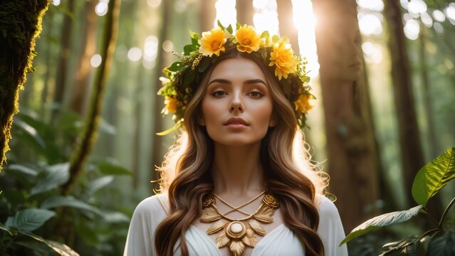 A gorgeous earth goddess wearing flowery robes, harmonious use of color, tranquility, detailed colorful forest environment.