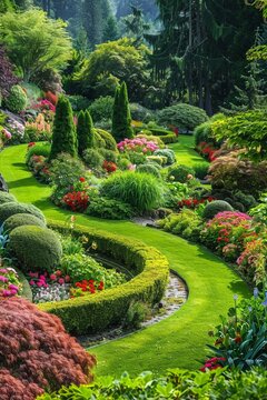 Manicured garden panorama lush greenery