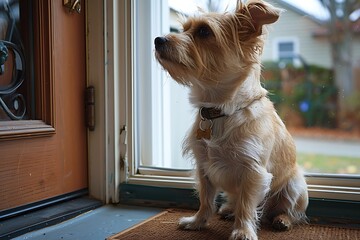 a small dog sitting on a door mat looking out the front door of a house