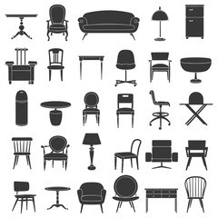 Silhouette Retro furniture icons set black color