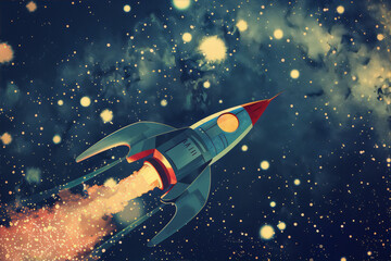 Retro rocket ship launching into space with stars and nebula in the background in vintage painting style