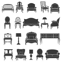 Silhouette Retro furniture icons set black color
