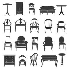 Silhouette Retro furniture icons set black color