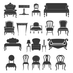 Silhouette Retro furniture icons set black color