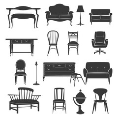 Silhouette Retro furniture icons set black color