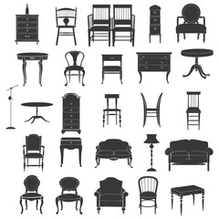 Silhouette Retro furniture icons set black color