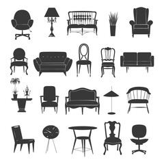 Silhouette Retro furniture icons set black color