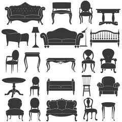 Silhouette Retro furniture icons set black color