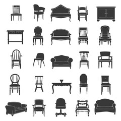 Silhouette Retro furniture icons set black color