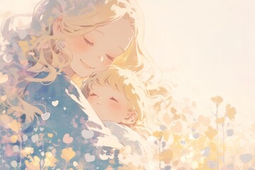 A mother and child hugging, surrounded by flowers in the style of watercolor, with heart-shaped elements adding warmth to the illustration. 