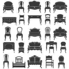Silhouette Retro furniture icons set black color