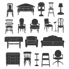 Silhouette Retro furniture icons set black color