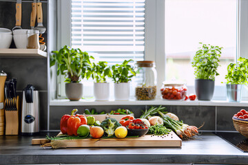 Freshly harvested vegetables and herbs on a kitchen counter near the window