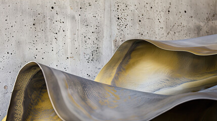 Gray, abstract, concrete background and wave of golden fabric
