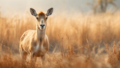 Saiga Antelope in Tall Grass Field - obrazy, fototapety, plakaty