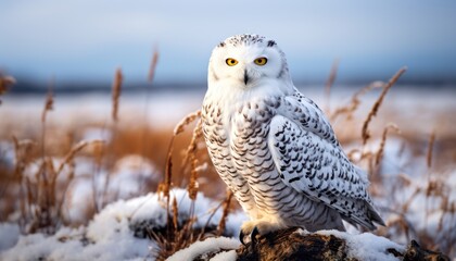Snowy Owl Perched on Rocky Outcrop