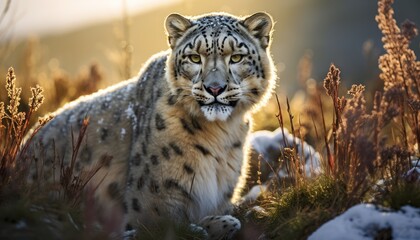 Snow Leopard Walking Through Tall Grass
