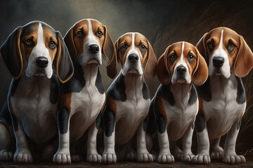 Group of beagle dogs on an isolated background