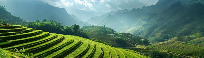 Fototapeta premium Terraced greens sunlit crops