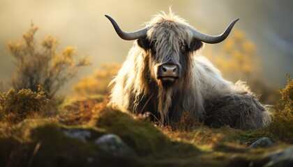 Yak With Long Horns Sitting in Grass