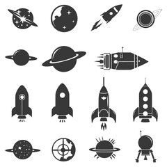Silhouette Retro space icons set black color only