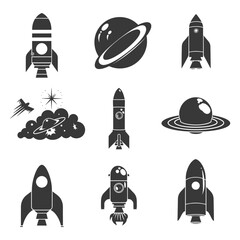 Silhouette Retro space icons set black color only