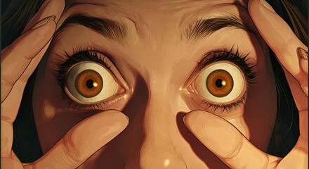A retro comic book style illustration of an extremely shocked woman, close up on her face with wide open eyes