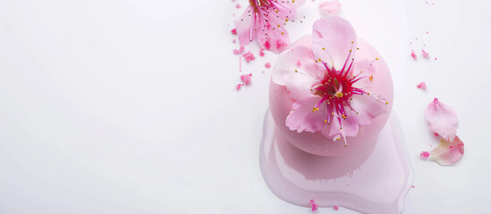 Pink dessert decorated with flowers on a white background
