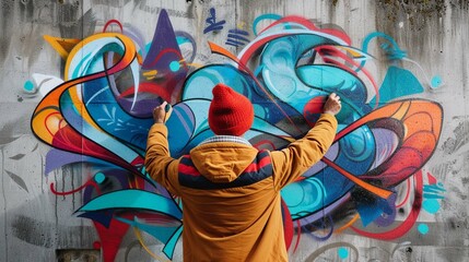 street artist draws colorful and vibrant graffiti.