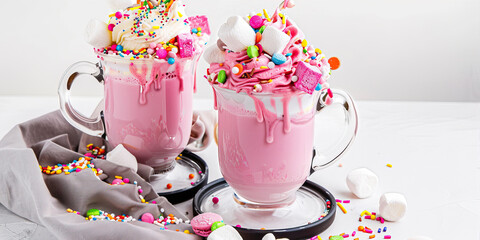 Large mugs with pink milkshakes, decorated with cream and colorful sprinkles
