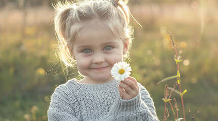 Little cute girl holding a flower in her hands
