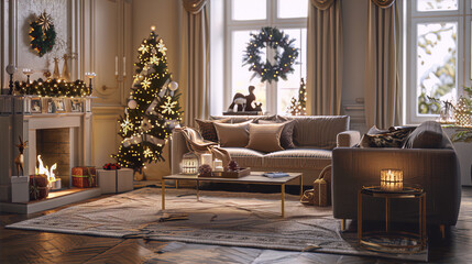 Luxurious living room interior with Christmas tree, fireplace, sofa, and decorations in warm colors, 3d illustration