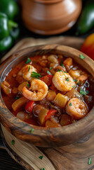  wooden bowl of gumbo, filled with shrimp and other vegetables in a rich brown sauce, garnished...