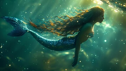 mermaid with a shimmering tail and flowing red hair swims gracefully beneath the oceans surface, illuminated by the golden rays of the morning sun filtering through the water. - Powered by Adobe