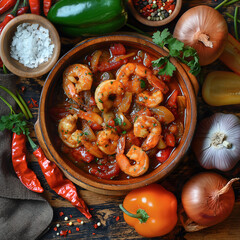 Top view of shrimp in tomato sauce with spices and vegetables on a wooden table, in the rustic...