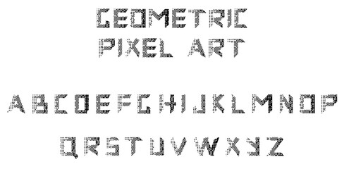 Pixel Art Font Design isolated white background. Hand Drawn black Geometrical Alphabet collection  Template. Grunge Texture vector can used Web and Social Media poster, banner design. EPS 10