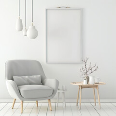 Large, white poster on the wall in the room above the gray armchair
