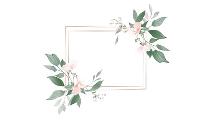 Naklejka premium Square, golden frame with flowers and leaves on a white background 