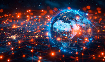 Futuristic Digital Globe Representing Global Network Connectivity, High-Speed Data Transfer, Cyber Technology, Telecommunication - obrazy, fototapety, plakaty