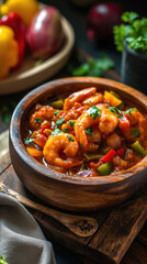  delicious-looking shrimp and vegetables in tomato sauce, in a wooden bowl food photography. New...