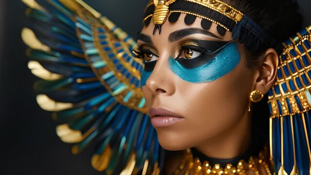 In a modern twist on traditional Egyptian makeup a womans black kohllined eyes are accented with a vibrant blue eyeshadow resembling the wings of the goddess Isis. Her sleek black .