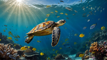 A close up of a sea turtle swimming under sea