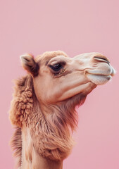 Obraz premium Side profile of a camel with a soft pink background, focusing on its facial features and fur texture. 