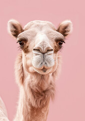 Obraz premium Close-up portrait of a camel with a gentle expression, soft fur, and a light pink background. 