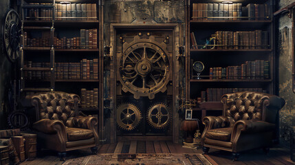 Gears, cogs and books fill a secret steampunk library with a giant door and leather chairs