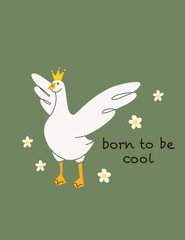Cute goose. Adorable farm birds in different poses, funny characters and flowers. Childish print and poster, kids textile and nursery decor. Card with lettering vector cartoon isolated illustration