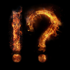 Fire exclamation mark and question mark made of burning letters on black background. Fire font