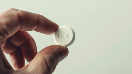 White round pill with text IDEA in hands, white background, copy space. Business marketing template. Generative AI
